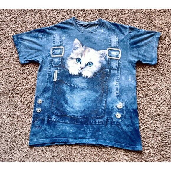 The Mountain Other - VTG The Mountain Shirt Mens Medium Tie Dye Kitten Pocket Blue Kayomi Harai 2002